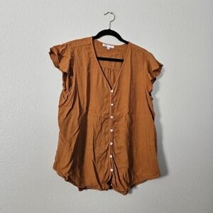 Women's Button-Down Ruffle Sleeve Top - Brown Sz XL